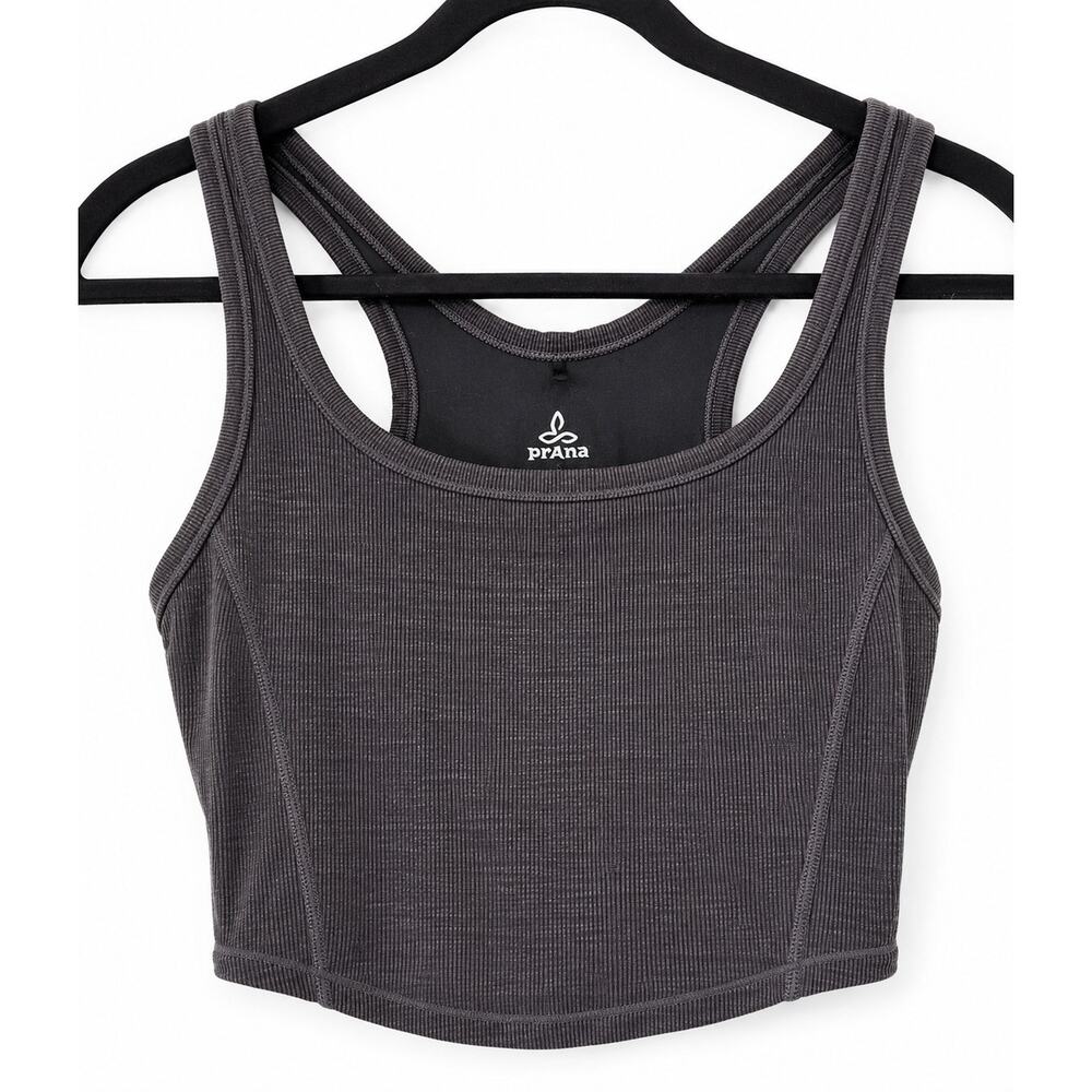 prAna Becksa Rib Tank Women Small Gray Built In Bra Yoga Pilates Crop Top UPF 50